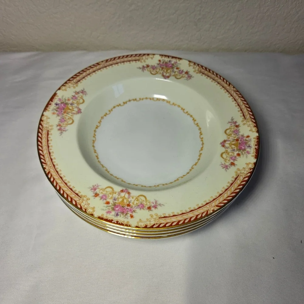 Set of 4 Noritake Japan Soup Bowls Pink Floral Gold Scroll Cream 9 Inch Rimmed